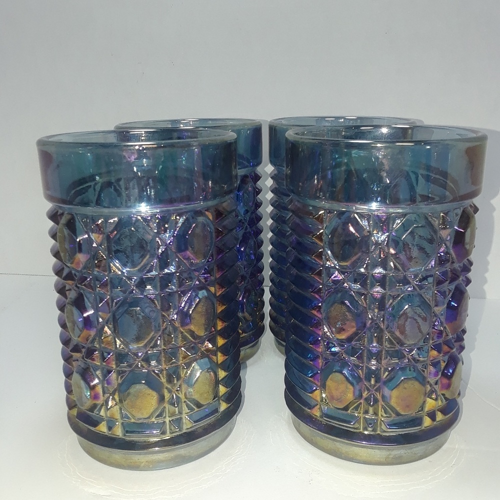 Carnival Glass Set of 4 Blue Iridescent Tumblers ~